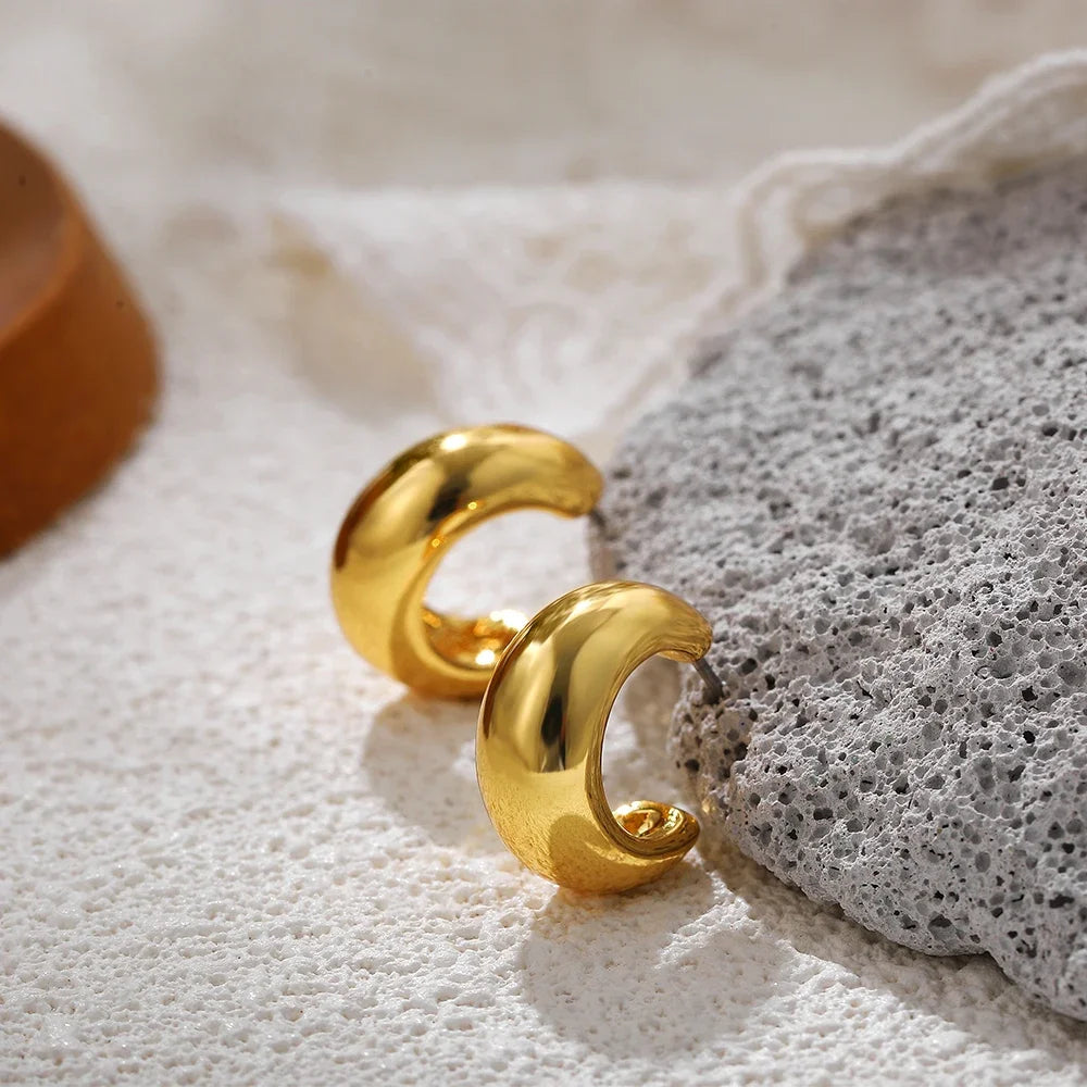 Glossy Gold C-Shape Huggie Earrings